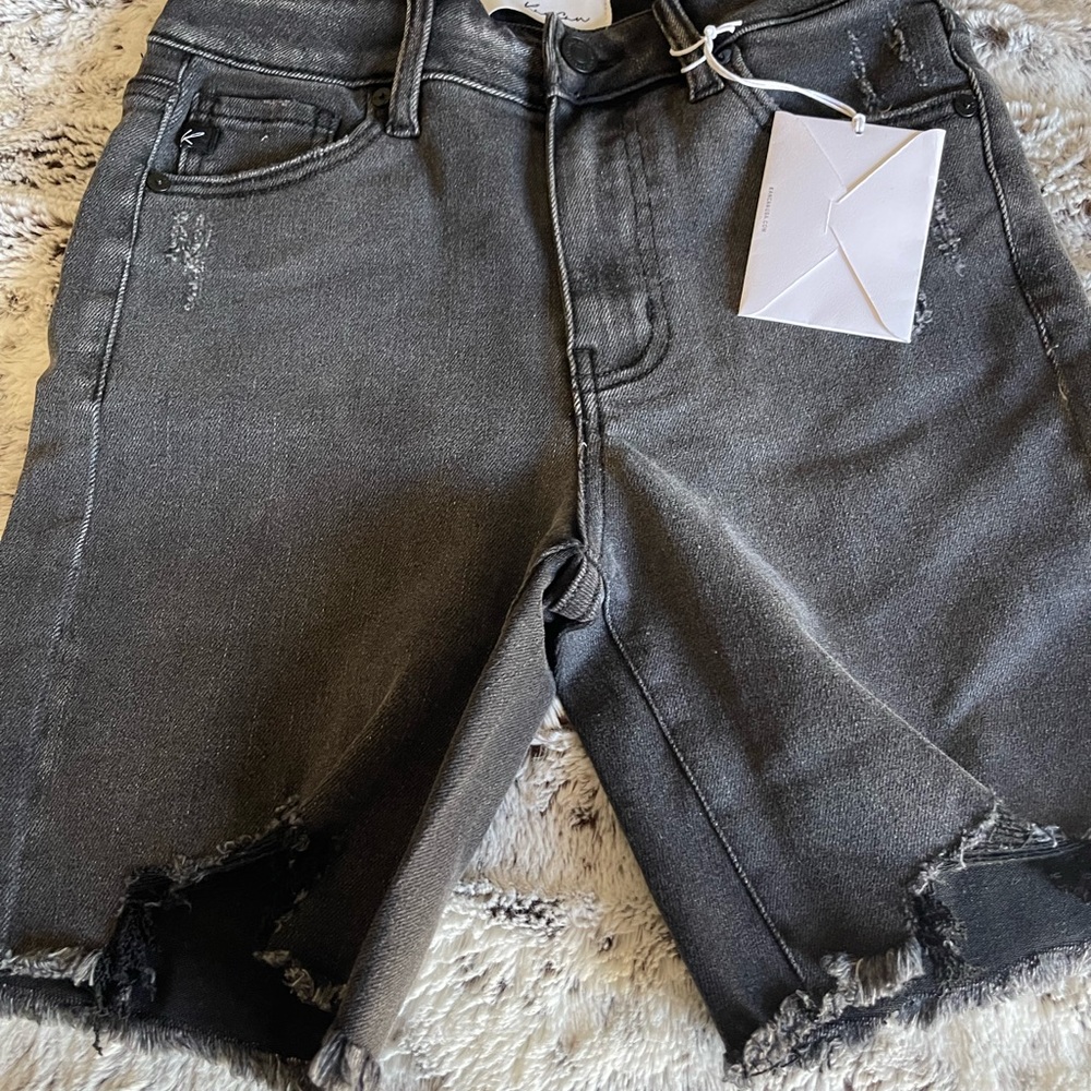 Size small, high rise, Bermuda denim shorts by Kancan. Grey wash 6.5 inseam.